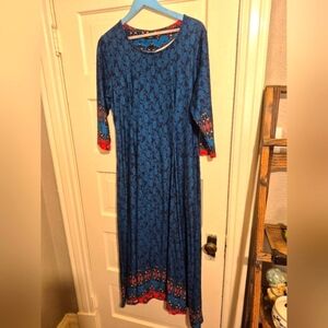 Chic Boho Blue and Red Long Sleeve Maxi Dress. 23ptp